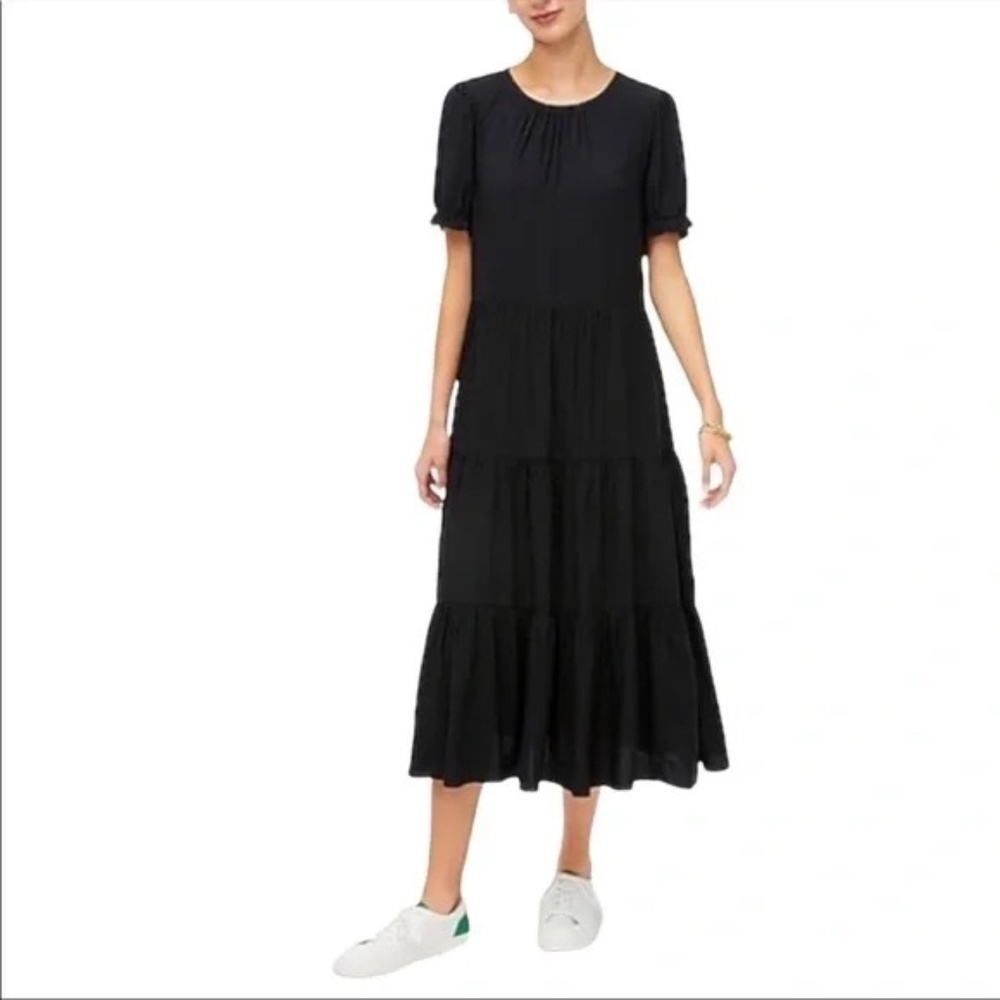 J. Crew Tiered Midi Short Sleeve Dress Black 45358